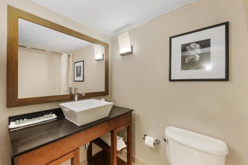 a bathroom with a sink and a toilet and a mirror at Best Western Alamo Suites in San Antonio