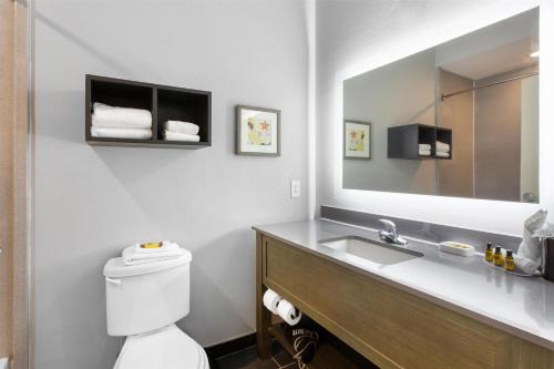 a bathroom with a toilet and a sink and a mirror at Best Western Plus Regency Park in Walker
