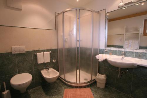 a bathroom with a shower and a toilet and a sink at Hotel Resa Blancia in San Vigilio Di Marebbe