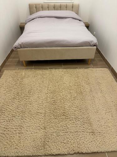 une chambre avec un lit avec un tapis sur le sol dans l'établissement 2 pièces aux porte de Monaco , Plage , Tennis ,GP, à Beausoleil