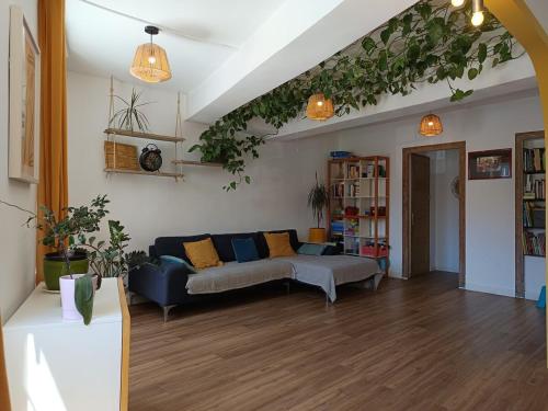 un salon avec un canapé bleu et des plantes dans l'établissement Belle maison lumineuse en pierre Catalogne - Argelès sur Mer - Collioure, à Palau-del-Vidre