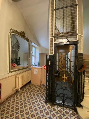 Cette chambre dispose d'une cheminée et d'un miroir. dans l'établissement LE BEAU SITE Studio belle époque - Aix Centre, à Aix-les-Bains