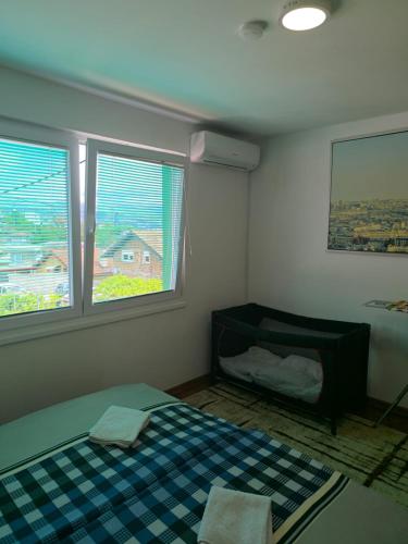 a bedroom with a bed and two windows at Apartments Amina Sarajevo in Sarajevo