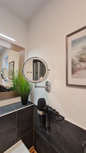 a bathroom with a sink and a mirror at Ferienwohnung Ostsee Graal-Müritz Küstenwald in Gelbensande