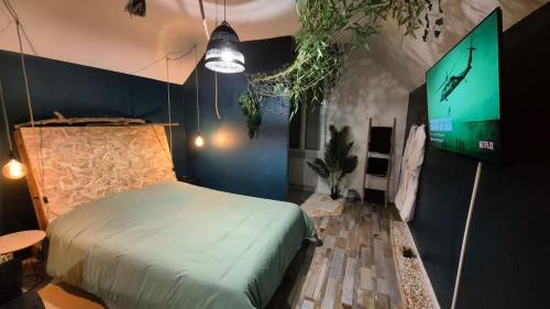 a bedroom with a bed and a flat screen tv at Botanica - Private Spa in Saint-Quentin