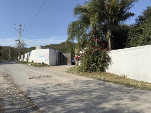 an empty street with a fence and a palm tree at Villa Santorini - Quinta con alberca en el barrial Santiago NL in Santiago