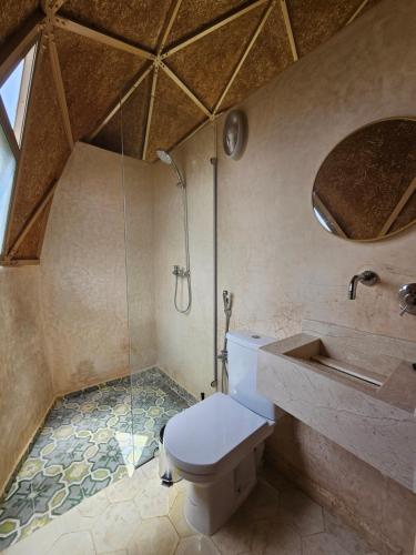 a bathroom with a shower and a toilet and a sink at Bougainvilla Guesthouse in Sidi Moussa Ben Ali