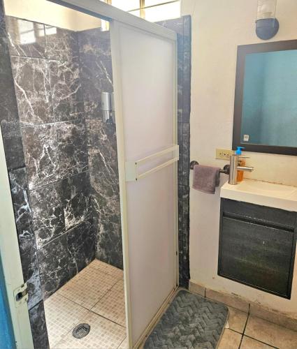 a shower with a glass door in a bathroom at Flor del desierto in La Paz