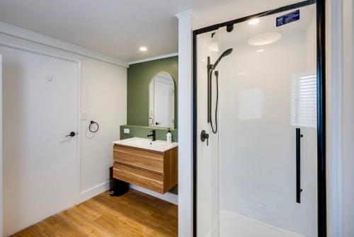a bathroom with a sink and a mirror at Cabbage Tree Corner in Napier