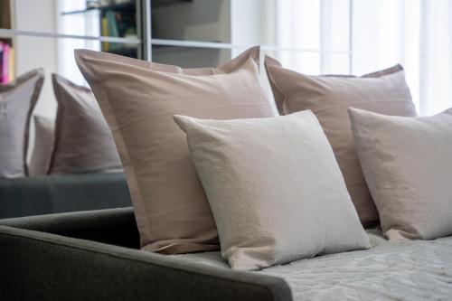 - un ensemble d'oreillers assis sur un canapé dans l'établissement Charmant studio lumineux au coeur du centre ville, à Dax