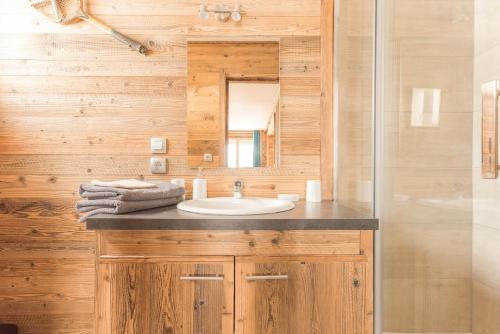 une salle de bain avec un lavabo et un miroir dans l'établissement B2 Superbe apart Ski au pied Vue magnifique, à Huez