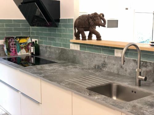 un évier de cuisine avec une statue d'éléphant sur un comptoir dans l'établissement Villa in La Croix-Valmer with Sea Views, cleaning included, à La Croix-Valmer