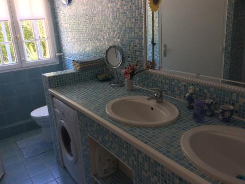 une salle de bain avec un lavabo, des toilettes et un miroir dans l'établissement Holiday Home in Piolenc near Roman Orange, cleaning included, à Piolenc