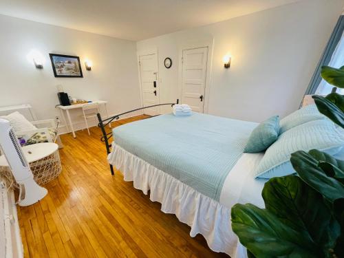 a bedroom with a large bed with blue pillows at Prime and Precious location The Red House Room3 in Charlottetown