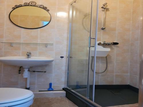 une salle de bain avec une douche, des toilettes et un lavabo dans l'établissement Holiday Home in Limousin near Forest, cleaning included, à Sainte-Anne-Saint-Priest