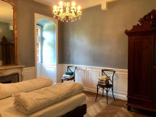 - un salon avec un canapé et un lustre dans l'établissement Apartment in Serrières near French Alps Skiing, cleaning included, à Serrières-en-Chautagne