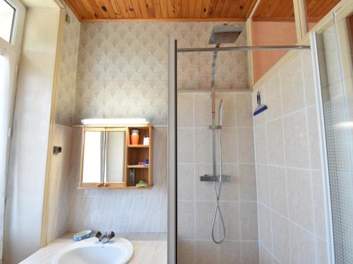 une salle de bain avec douche et lavabo dans l'établissement Mansion in Martigny with Heated Pool & Vineyards, cleaning included, à Martigny-le-Comte