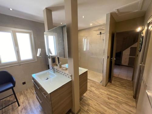 La grande salle de bains est pourvue d'un lavabo et d'une douche. dans l'établissement Villa in Vidauban with Pool & Vineyards Nearby, cleaning included, à Vidauban