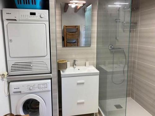 une salle de bain avec une machine à laver et un lavabo dans l'établissement Holiday Home in Fréjus near Sea and Lake, cleaning included, à Fréjus