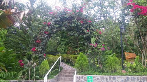 an arch with pink flowers in a garden at Apart Hotel Acuarious de Luis in Estelí