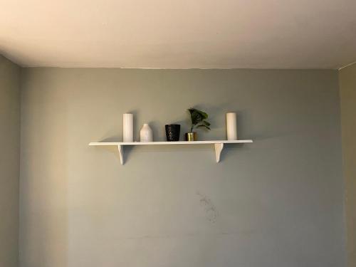 a shelf on the wall with two candles and a plant at The Big Beautiful Townhouse in Frederick