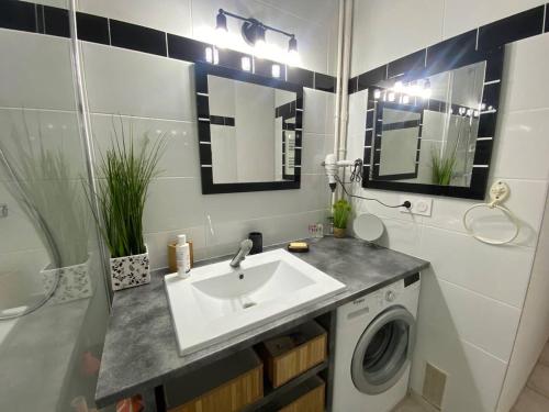 une salle de bain avec un lavabo et une machine à laver dans l'établissement Appartement 2 pièces 5 pers avec Parking au Barcarès - FR-1-81-643, au Barcarès