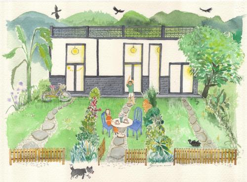 a drawing of a house with people in a garden at 有餘和宿 HOHOstay in Ruifang