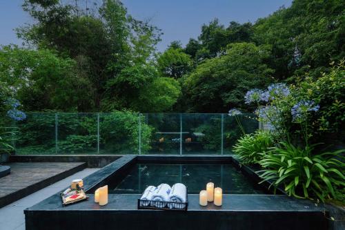 a swimming pool in a garden with shoes in it at 青城山坐忘森林疗愈酒店 in Dujiangyan