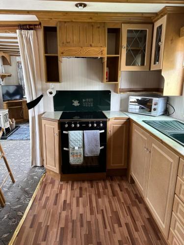 a kitchen with wooden cabinets and a black oven at 77 Glenfinart Caravan Park in Dunoon