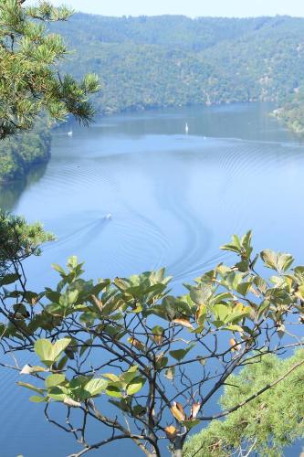 a view of a lake with a boat in the water at Country house - Slapy/Pazderny in Žďár