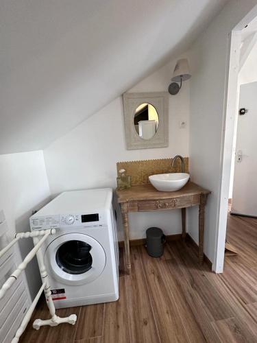 une salle de bain avec une machine à laver et un lavabo dans l'établissement Cabello - Vannes centre 2 personnes St Patern, à Vannes