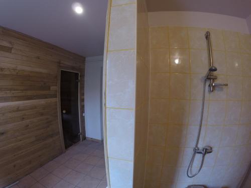 a bathroom with a shower with a tile wall at Viesu Māja Arnicāni in Ragaciems