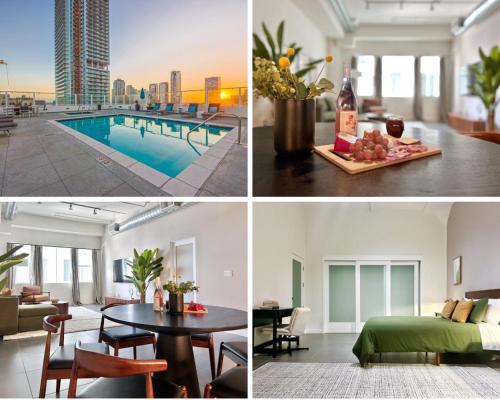 a collage of photos of a hotel room with a pool at DTLA 2BR Loft with Hot Tub & Rooftop Pool! in Los Angeles