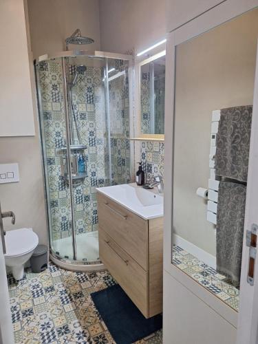 une salle de bain avec une douche, un lavabo et des toilettes dans l'établissement Au Cœur du Cap d'Antibes pour 2 personnes, à Antibes