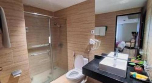 a bathroom with a shower and a toilet and a sink at Hermes Palace Hotel Medan in Medan