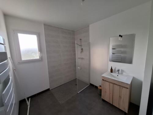 une salle de bain blanche avec un lavabo et une douche dans l'établissement Maison de vacances avec jardin au Pays-Basque 88 m2, à Guiche