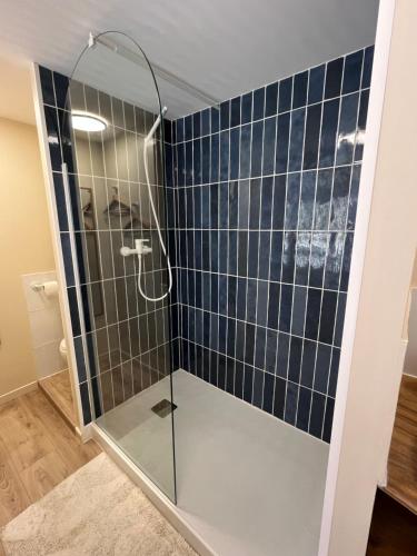 a bathroom with a glass shower with blue tiles at Chambre et salle de bain dans dépendance in Marseille