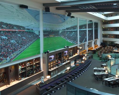 an overhead view of a baseball game in a stadium at Lindner Hotel Leverkusen BayArena, part of JdV by Hyatt in Leverkusen