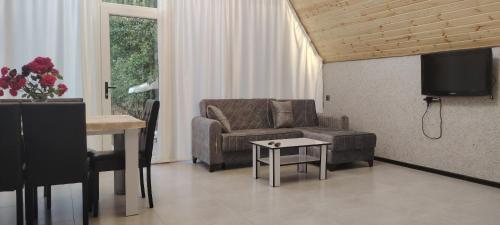 a living room with a couch and a table at A frame Qəçrəş in Qǝçrǝş