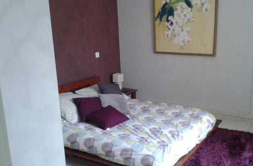 - une chambre avec un lit et des oreillers violets dans l'établissement Maison dans le sud au calme avec extérieur, à Ferrals-lès-Corbières