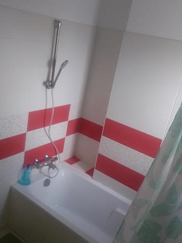 La salle de bains est pourvue d'un lavabo et de rayures rouges et blanches. dans l'établissement Maison dans le sud au calme avec extérieur, à Ferrals-lès-Corbières