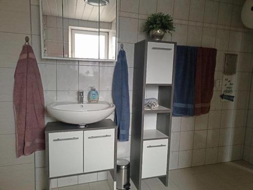 un baño con lavabo y espejo en Ferienwohnung Lina und Hans, 