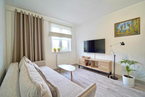 a living room with a couch and a tv at Soft Apartamenty na Starówce in Pasłęk