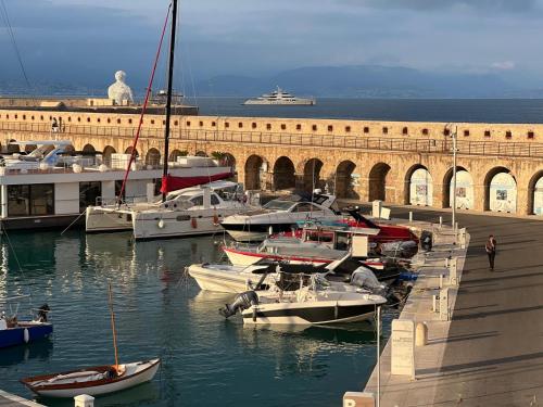Un tas de bateaux sont amarrés dans un port de plaisance dans l'établissement Location, à Antibes