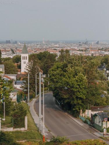 a street in a town with a church and a road at Bio-Hotel Schani Wienblick in Vienna