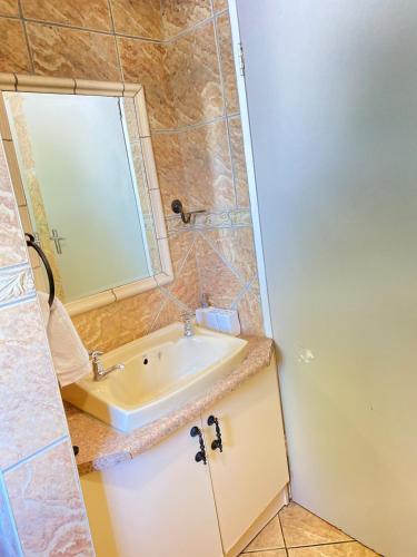 a bathroom with a sink and a mirror at Cosy Room steps from the lake in Benoni