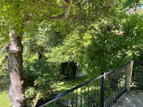 a fence next to a tree next to a tree at Huatoki Hideaway Peaceful Central Location in New Plymouth