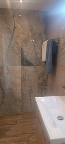 a bathroom with a shower with a sink and a counter at Villa Alba in Koinyra
