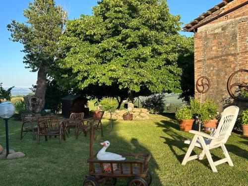 a yard with chairs and a duck on a cart at Smaria Del Monte in Rosora