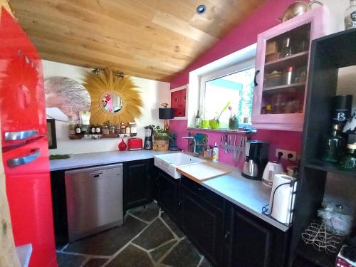 a kitchen with pink walls and a sink and a counter at Villa Isabelle in Aywaille